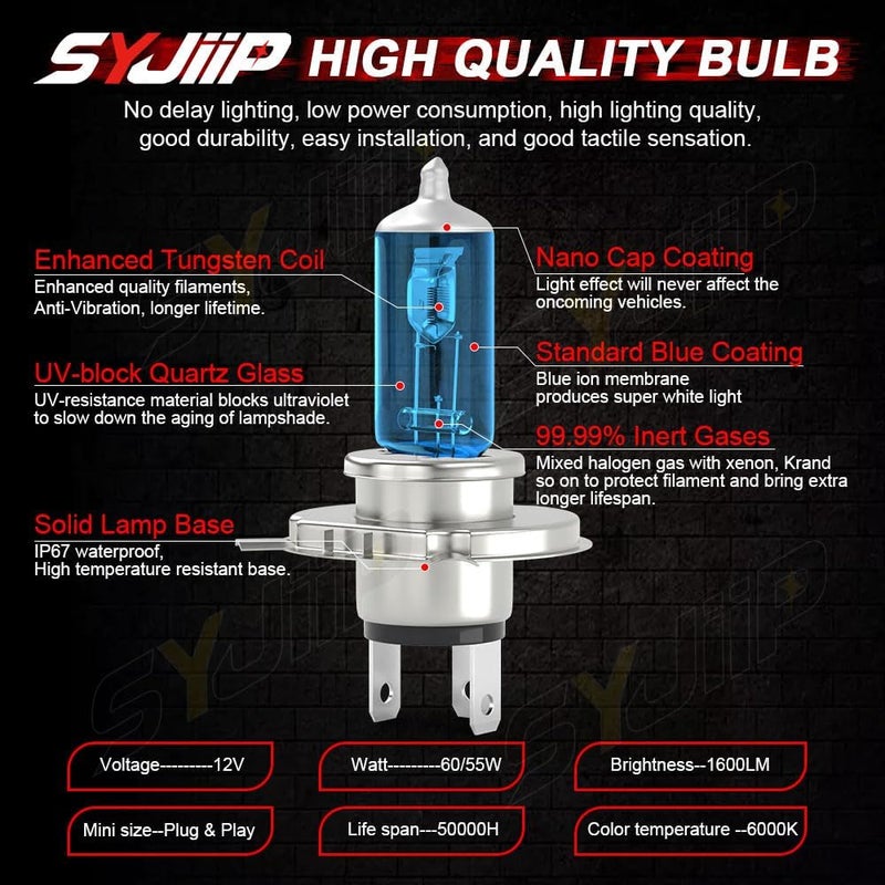 SYJIIP Upgraded Halogen Headlight Bulbs Compatible for Toyota Tacoma 2005 2006 2007 2008 2009 2010 2011, 9003/H4 High Low Beam + 9145/H10 Fog Lights, 6000K White, 300% Brightness, Plug n Play, Pack of 4 - Image 3